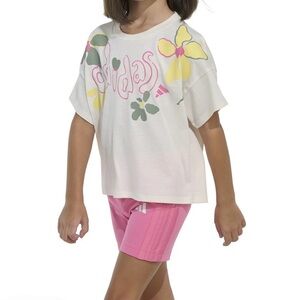 Adidas Toddler Girl’s Cream Flower Tee with Pink Biker Shorts Set - 4T